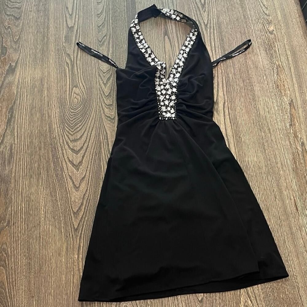 Morgan & Co. Womens Halter Mini Dress V-Neck Rhinstones Backless Black Size XS